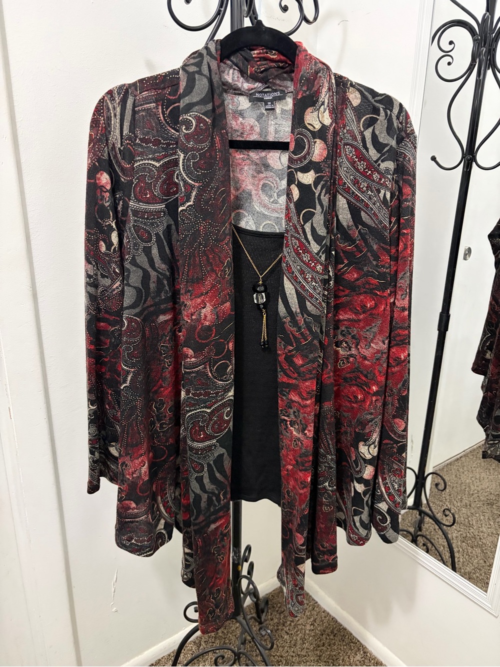 Notations Red and Black Paisley Open-Front Draped Cardigan